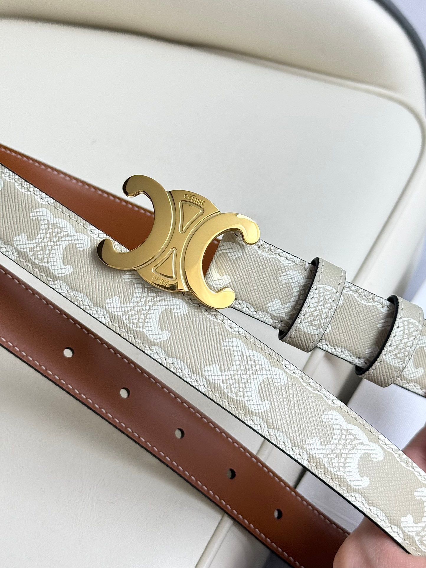 CEL Gold 25mm Triomphe Belt White Beige Canvas 180418
