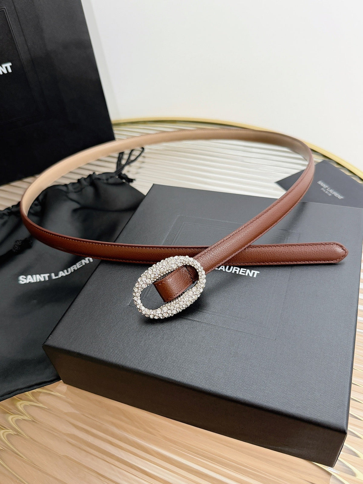 Saint Laurent 2026 Oval Belt 15mm Brown Leather 219066