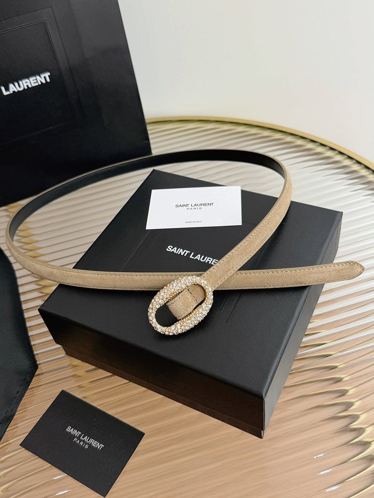Saint Laurent 2026 Oval Belt 15mm Beige Suede 219123