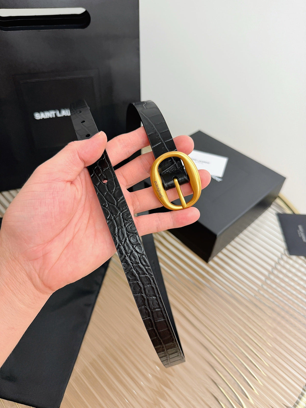 Saint Laurent 2026 Oval Buckle Thin Belt 20mm Leather 219778