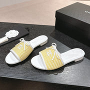 mule sandal striped yellow white canvas calfskin