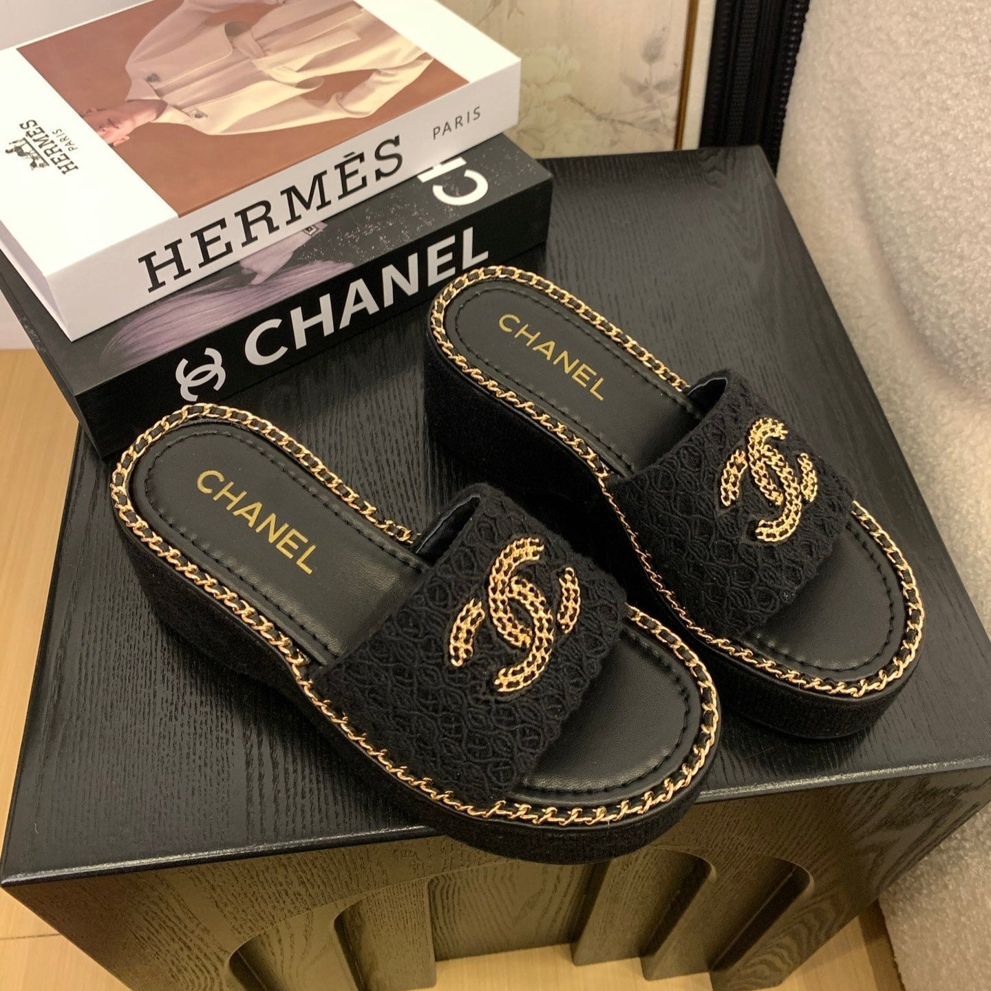 CC 25 Platform Slippers Black Lambskin 310383