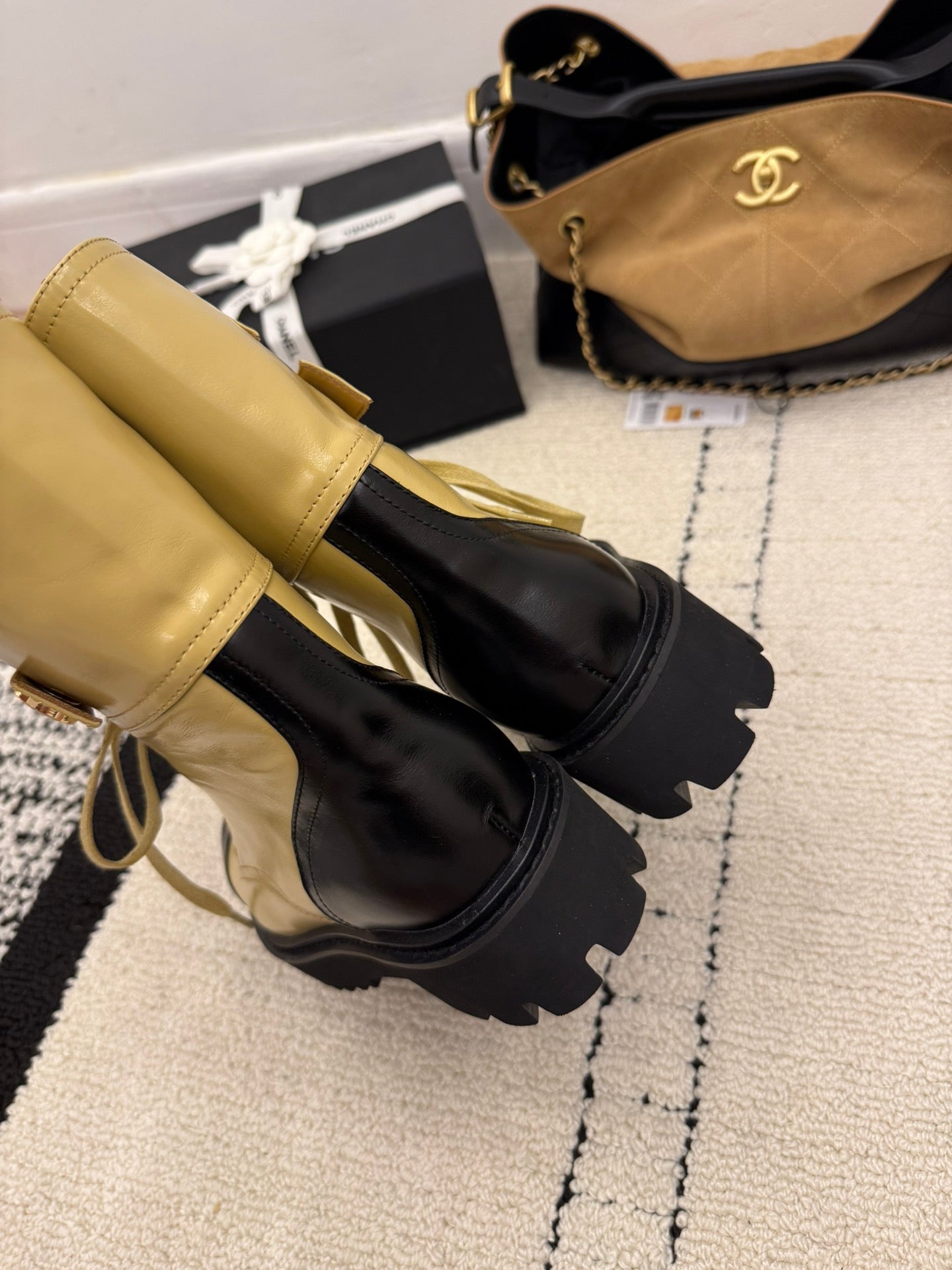 CC 2025 Lace-up Combat Boot Beige Black Leather 548116