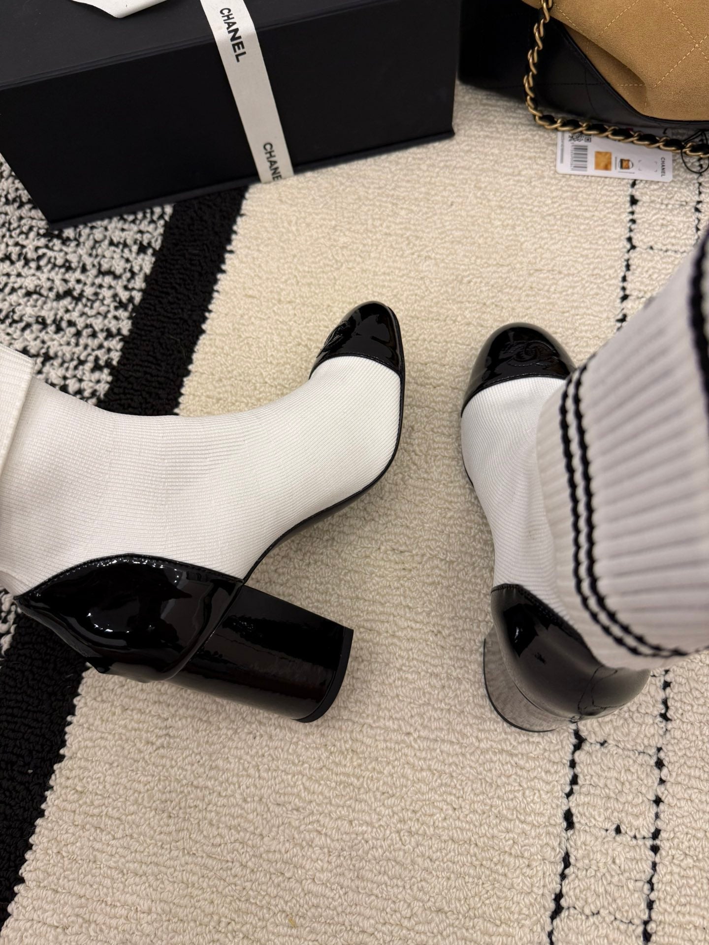 CC 2025 Chunky Heel Sock Boot White Leather Knit 548118