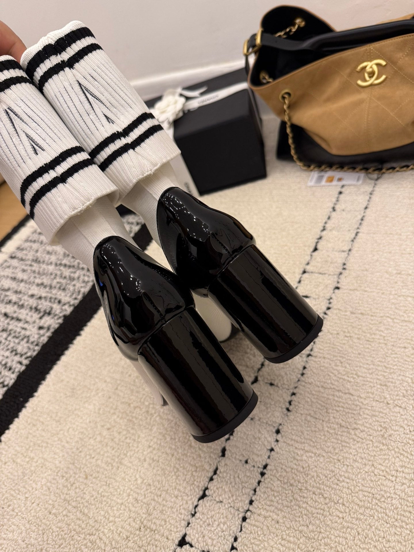 CC 2025 Chunky Heel Sock Boot White Leather Knit 548118