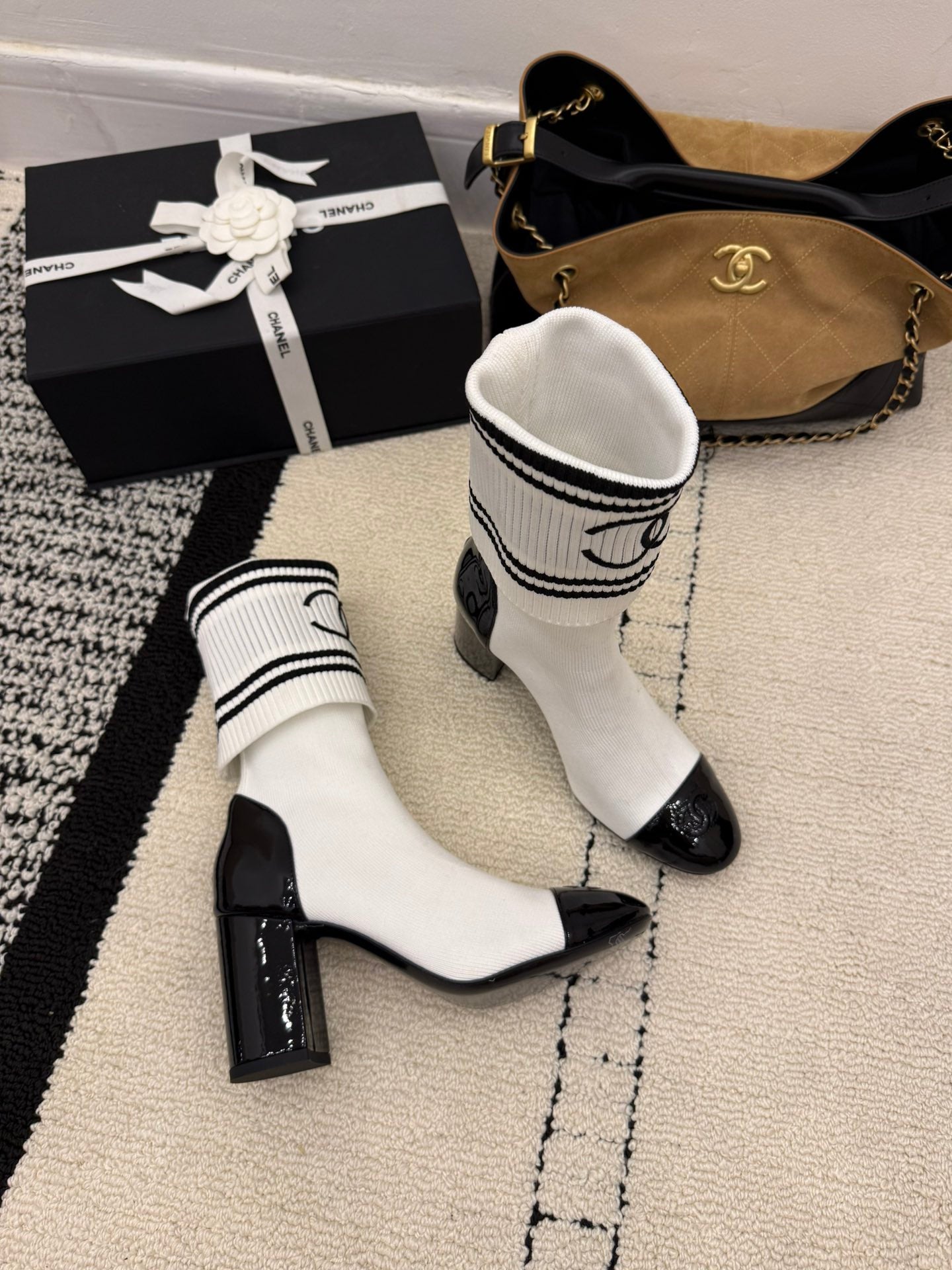 CC 2025 Chunky Heel Sock Boot White Leather Knit 548118