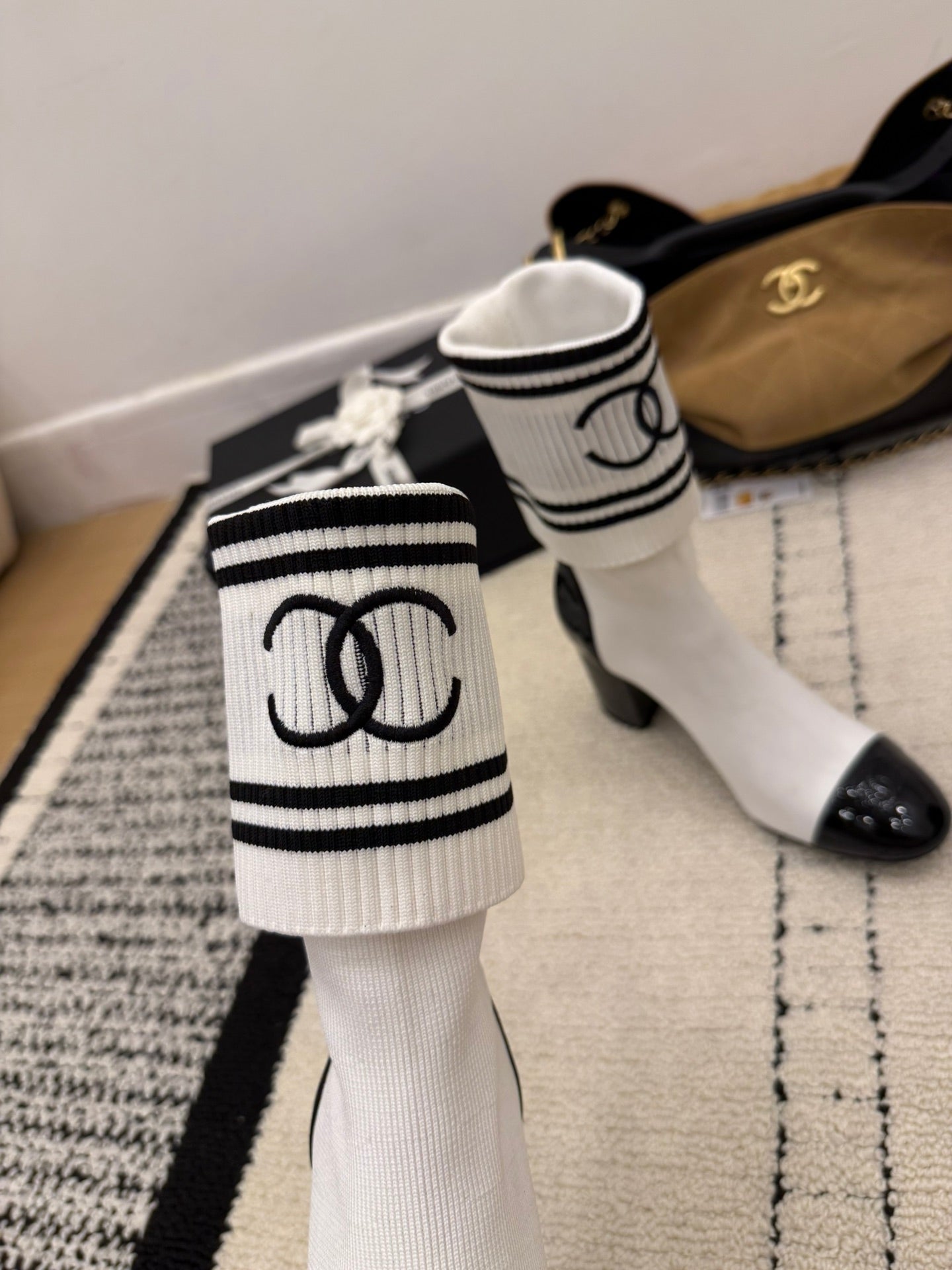 CC 2025 Chunky Heel Sock Boot White Leather Knit 548118