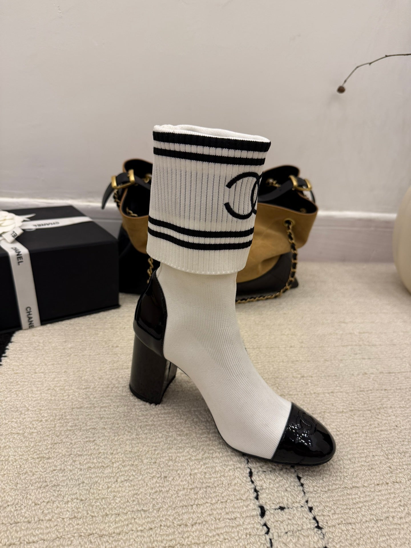 CC 2025 Chunky Heel Sock Boot White Leather Knit 548118