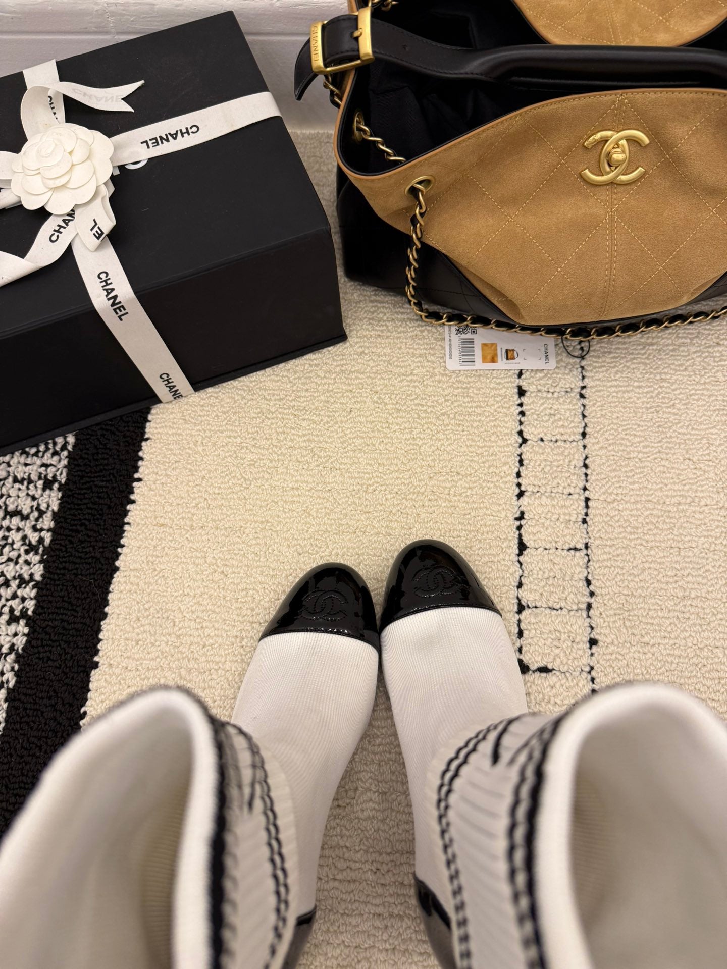 CC 2025 Chunky Heel Sock Boot White Leather Knit 548118