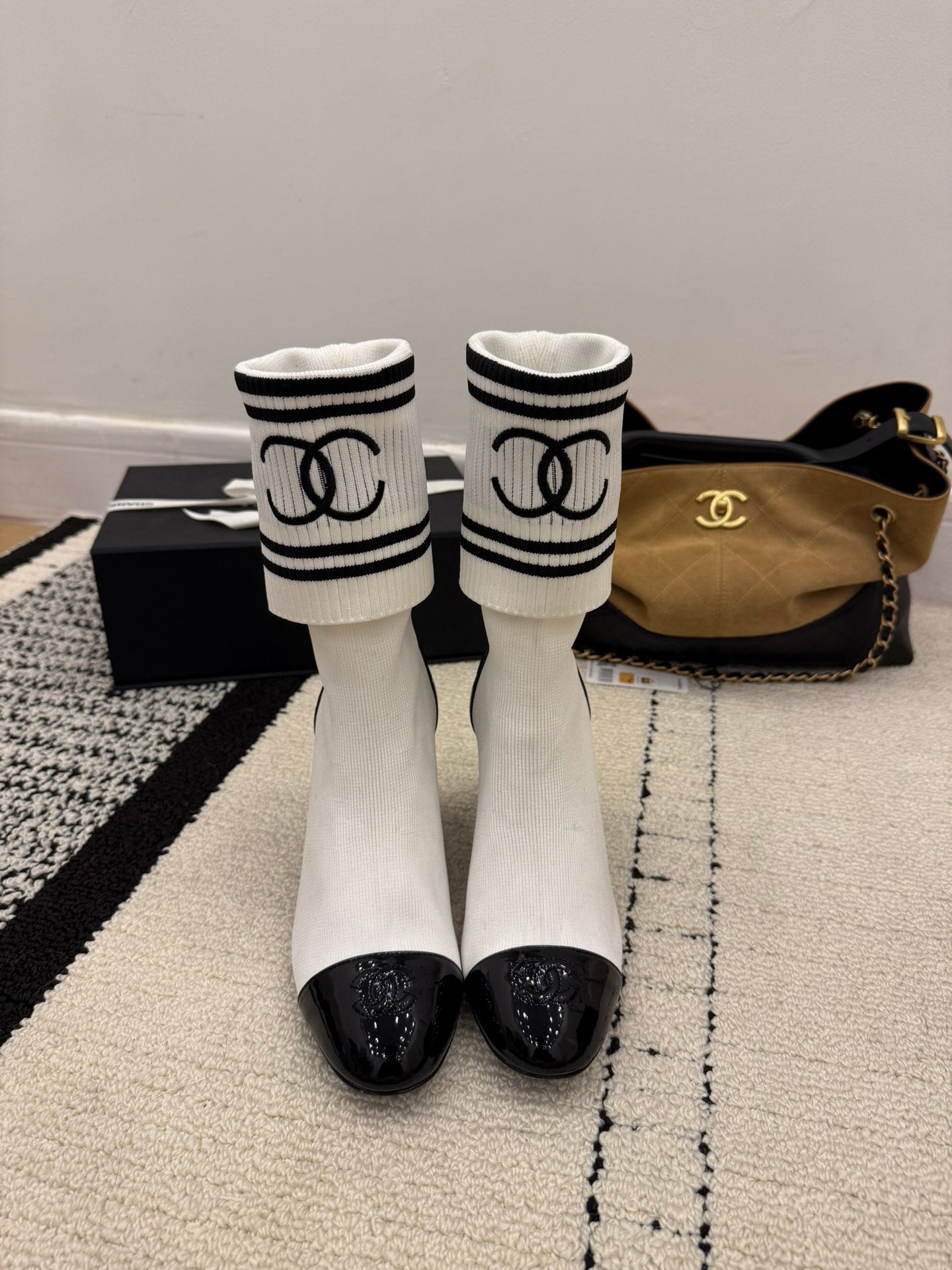 CC 2025 Chunky Heel Sock Boot White Leather Knit 548118