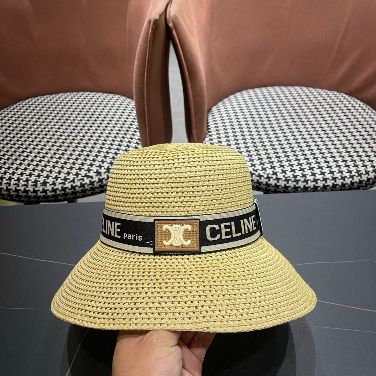 Celine Ribbon Straw Bucket Hat 491800
