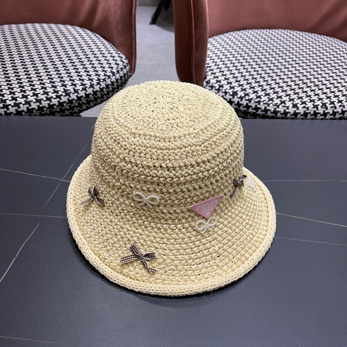 Prada Raffia Bow Knot Fisherman Hat 512516