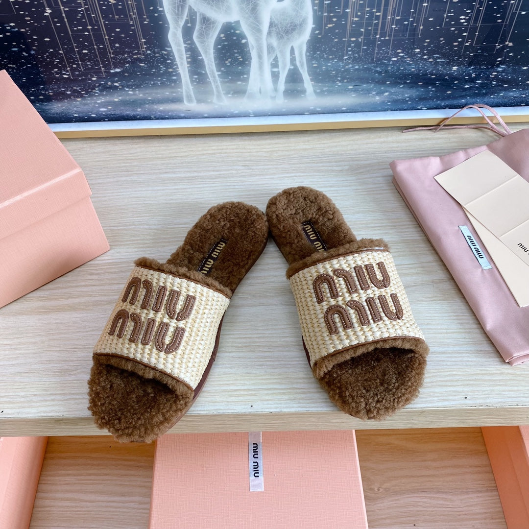 Miu Slipper Beige And Brown Woven Raffia
