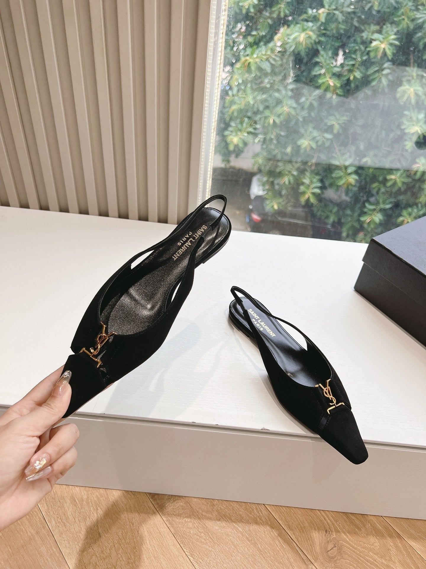SL BABYLONE SLINGBACK FLAT BLACK SATIN