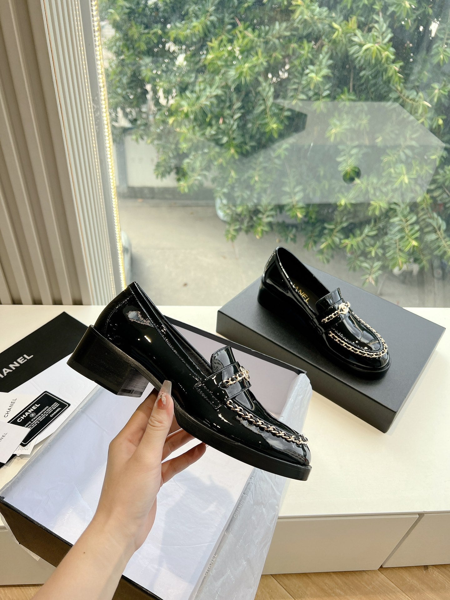 CC Moccasins Glossy Black Chain Lambskin