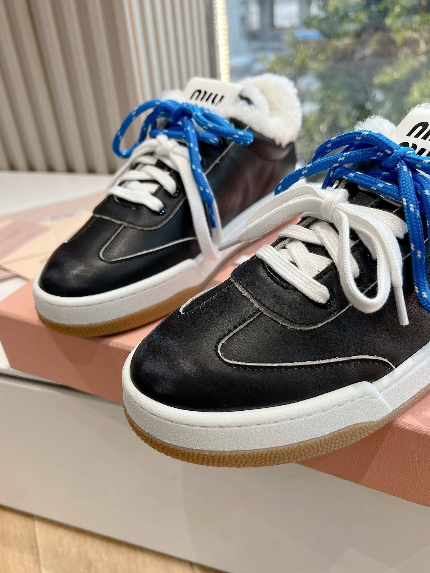 Miumiu 25 Platform Sneakers Black Blue Cowhide Wool 549098