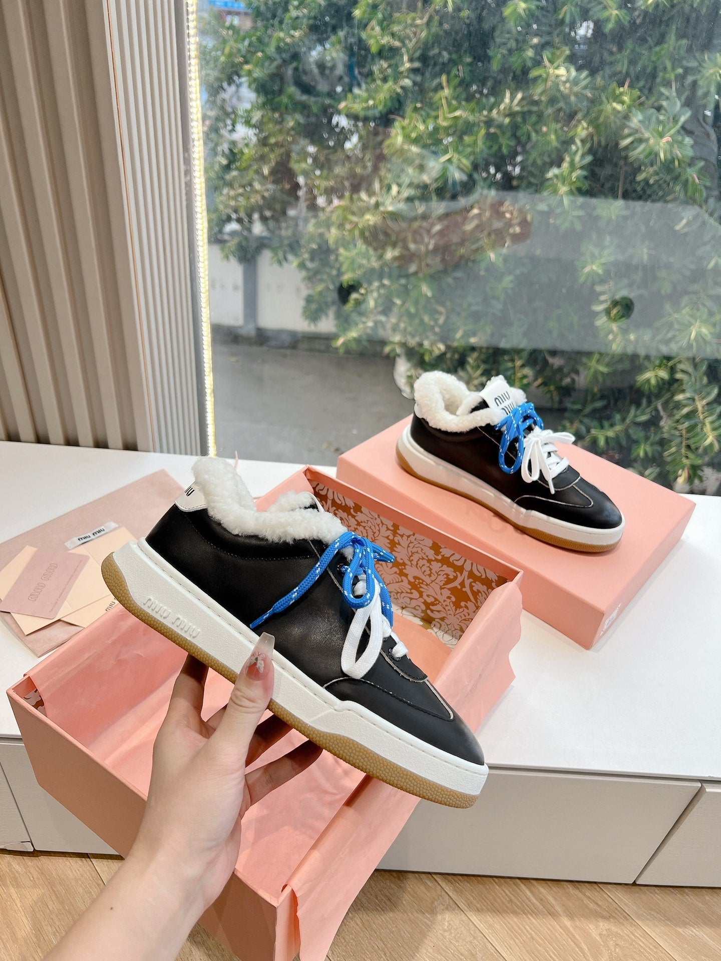 Miumiu 25 Platform Sneakers Black Blue Cowhide Wool 549098