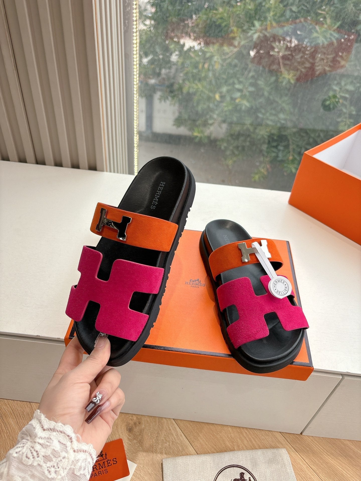 HM 25 Chypre Sandal Orange Red Suede Calfskin Silver H