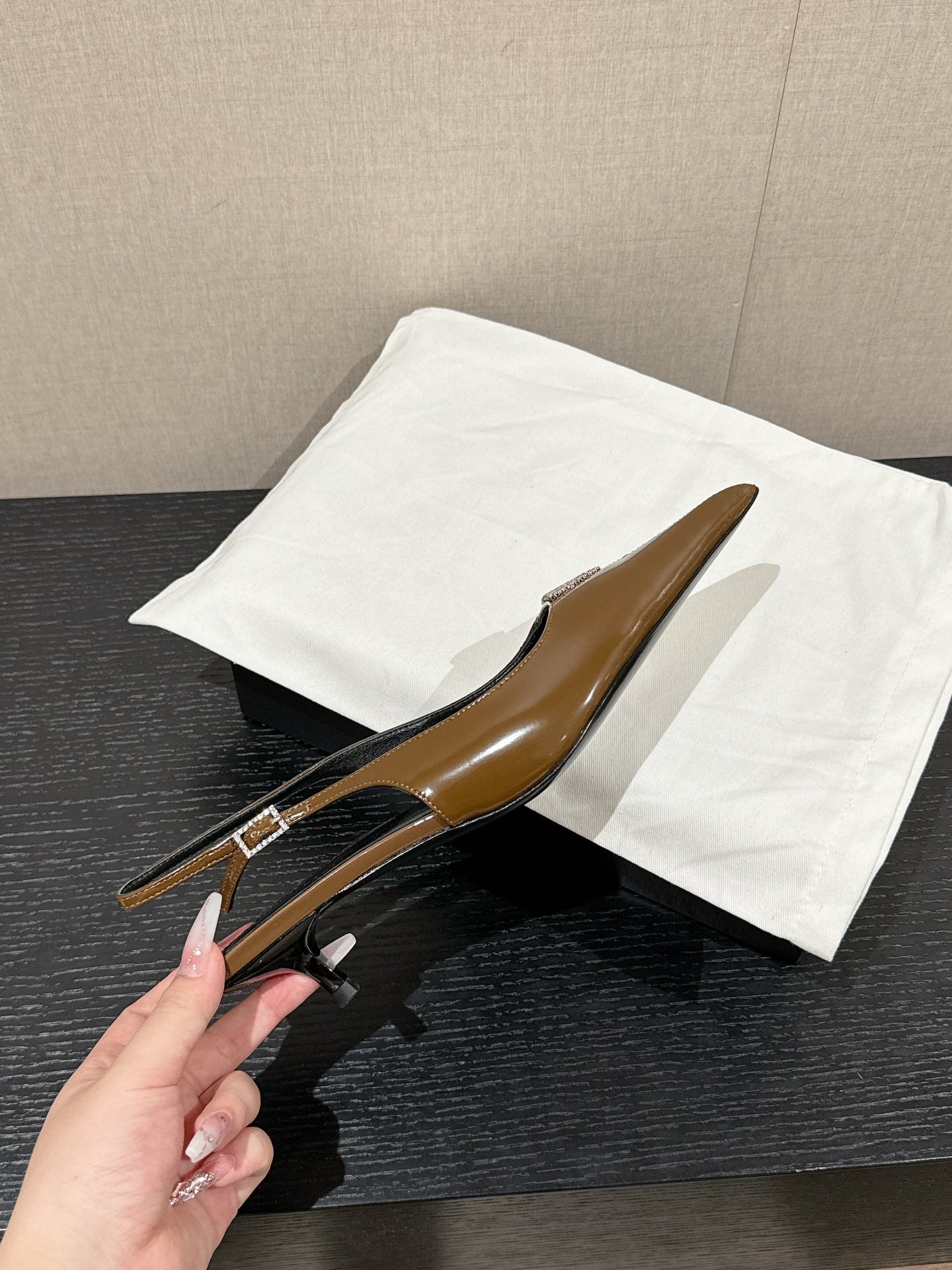 SL CHERISH CRYSTAL SLINGBACK ASH BROWN CALFSKIN