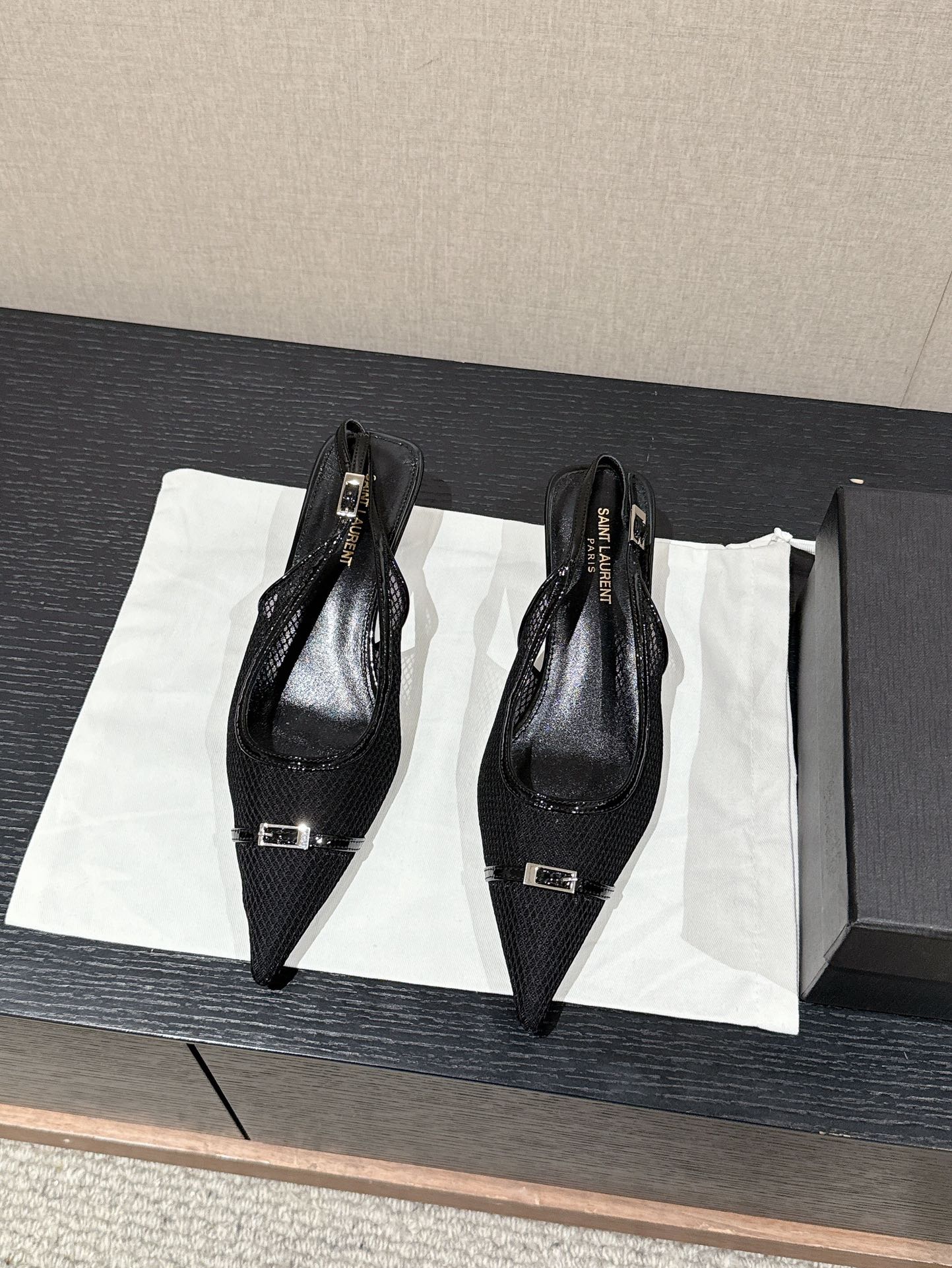 SL CHERISH BUCKLE SLINGBACK 45 BLACK MESH