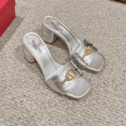 VLOGO SIGNATURE SLIDE SANDAL 60MM IN SILVER CALFSKIN