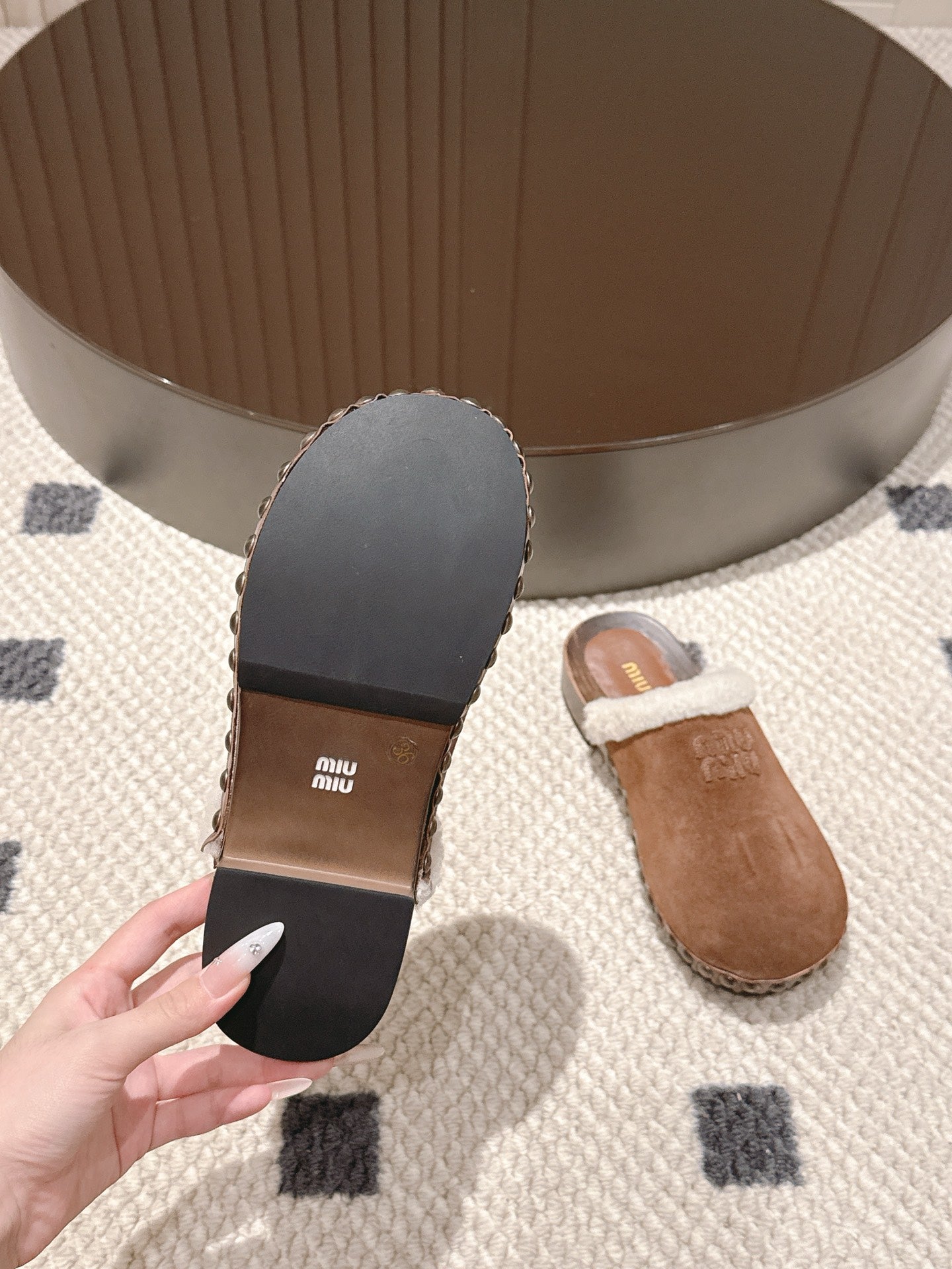 Miumiu 25 Shearling-trimmed Slipper Brown Suede Wool 547576