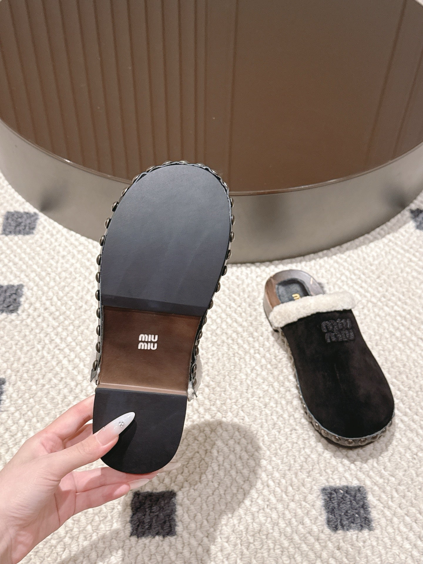 Miumiu 25 Shearling-trimmed Slipper Black Suede Wool 547578