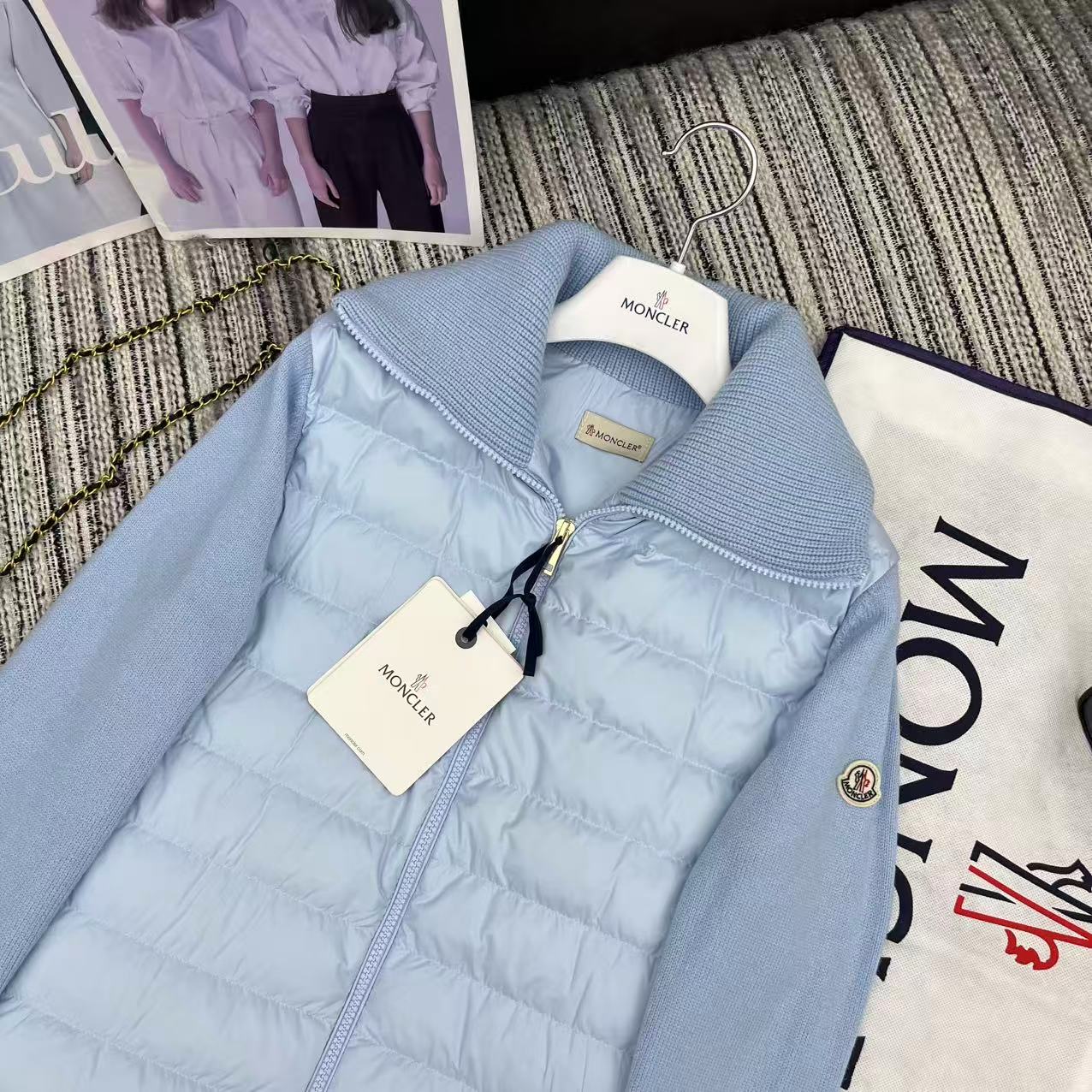 MC 2025 Quilted Knit-panel Puffer Jacket Sky Blue Polyester Wool 528745