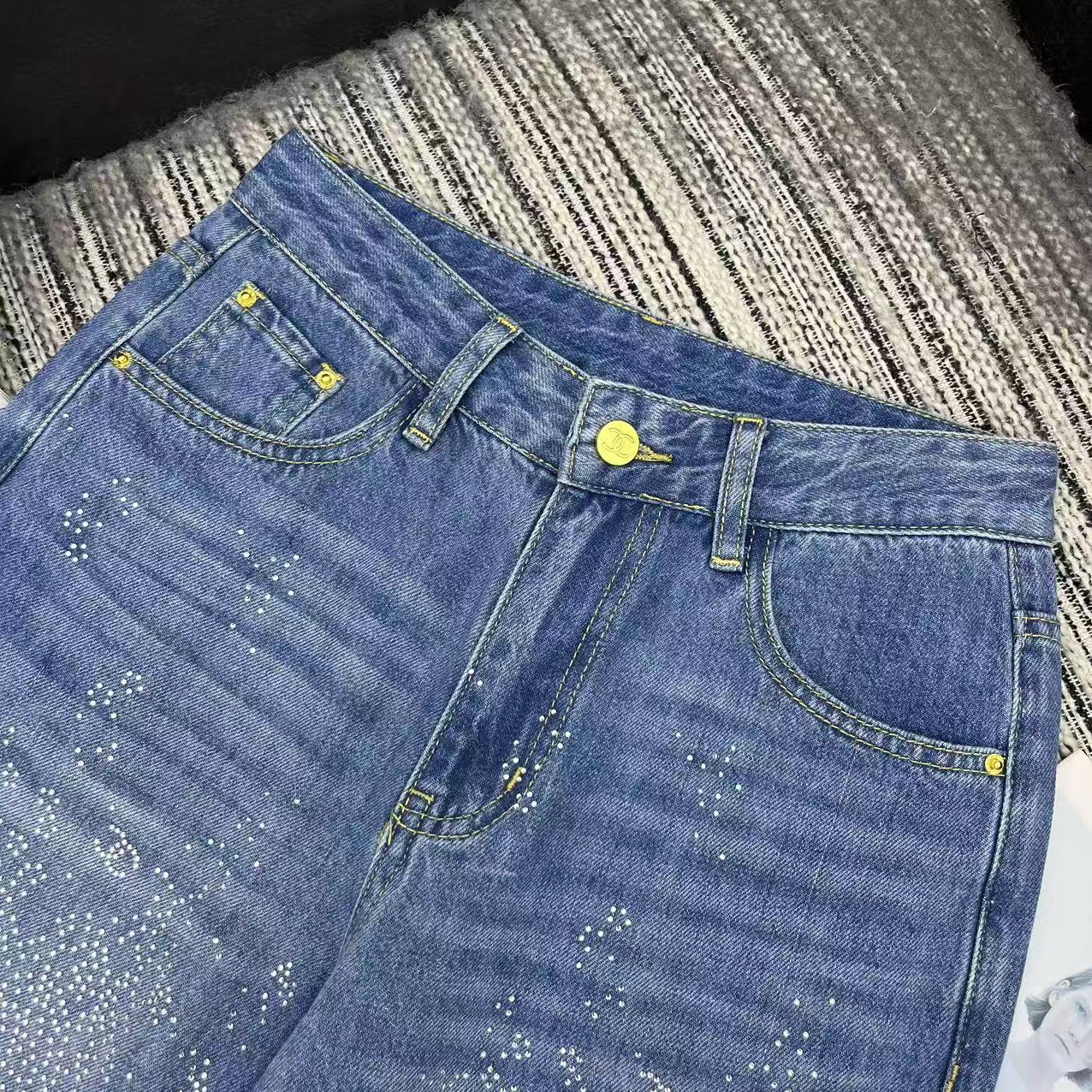 Chanel 2026 Straight-leg Jeans With Double C Logo And Rhinestone Embellishment