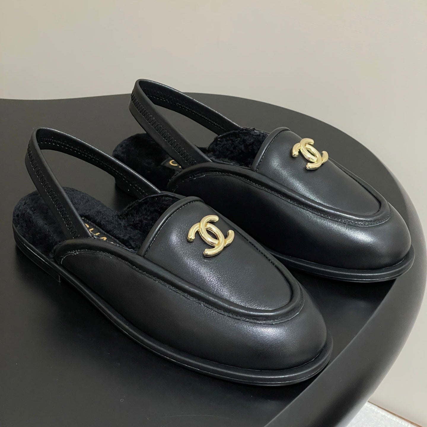 CC 25A Slingback Loafer Black Sherpa Calfskin