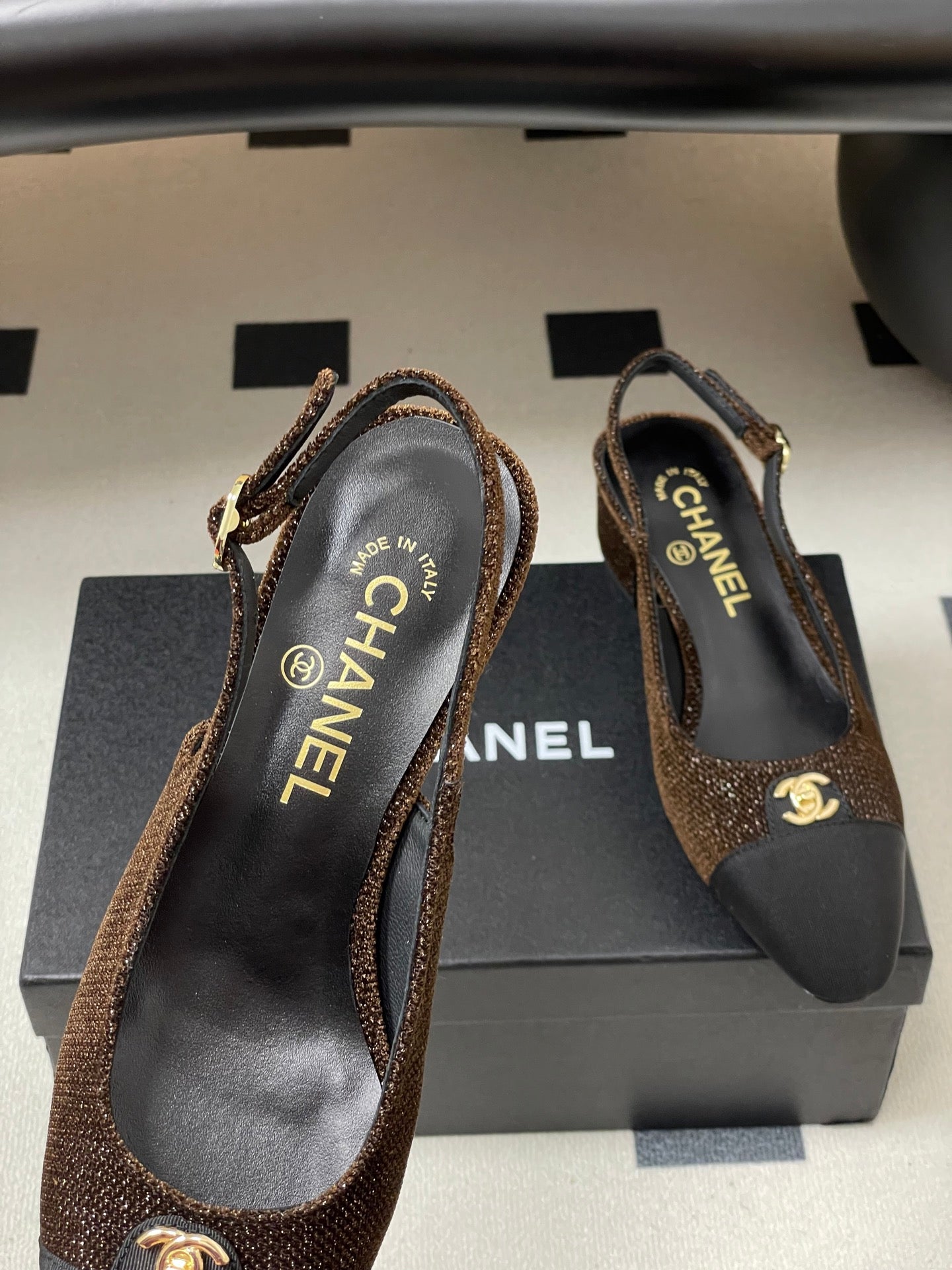 Chanel 25 Slingback Black Brown Lambskin Fabric 473210