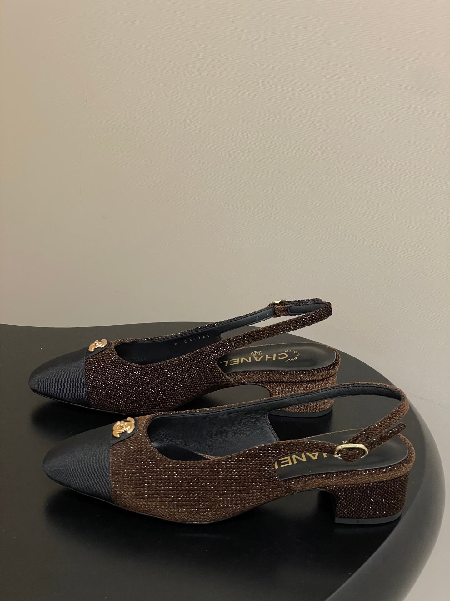 Chanel 25 Slingback Black Brown Lambskin Fabric 473210