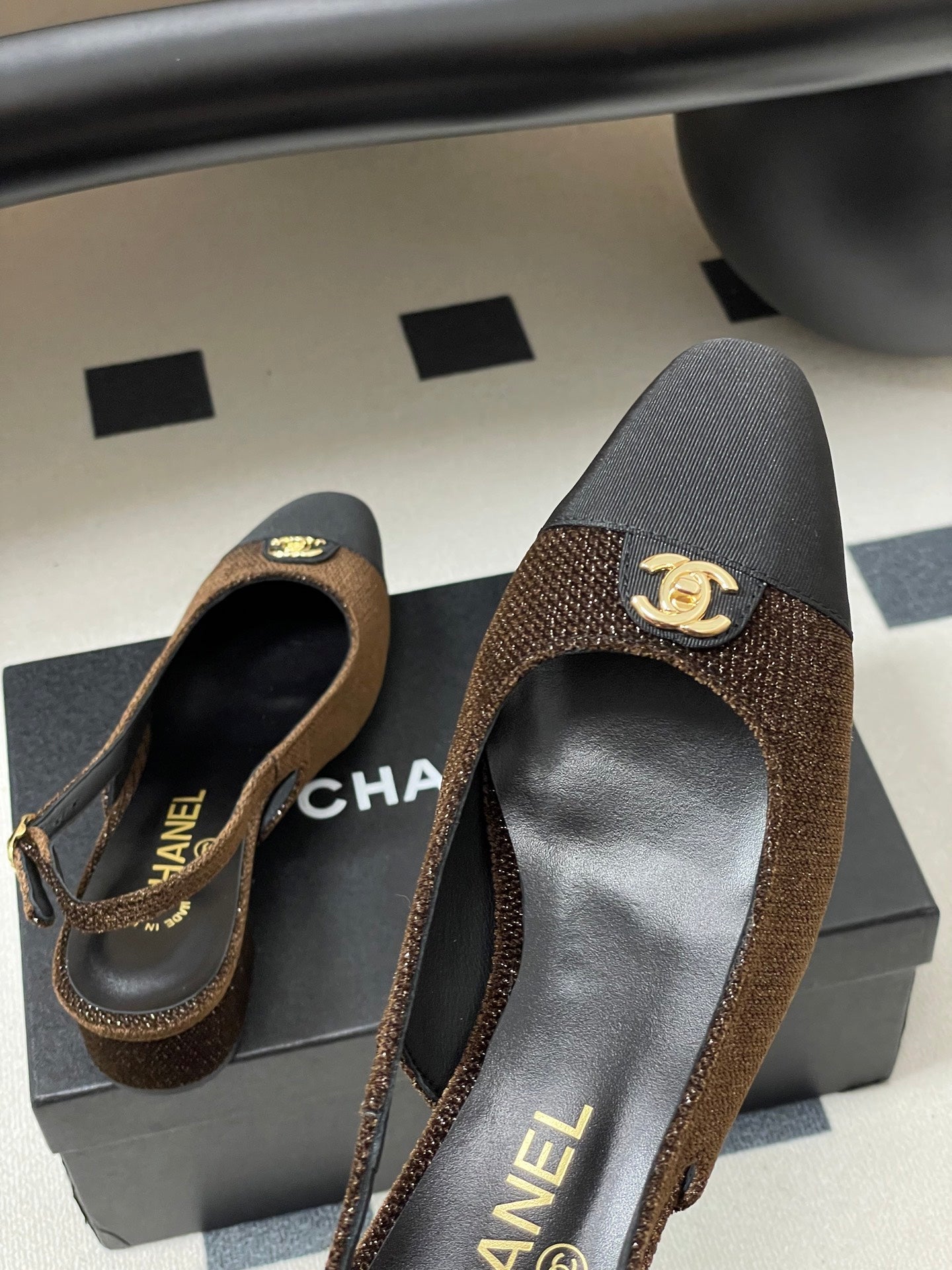 Chanel 25 Slingback Black Brown Lambskin Fabric 473210