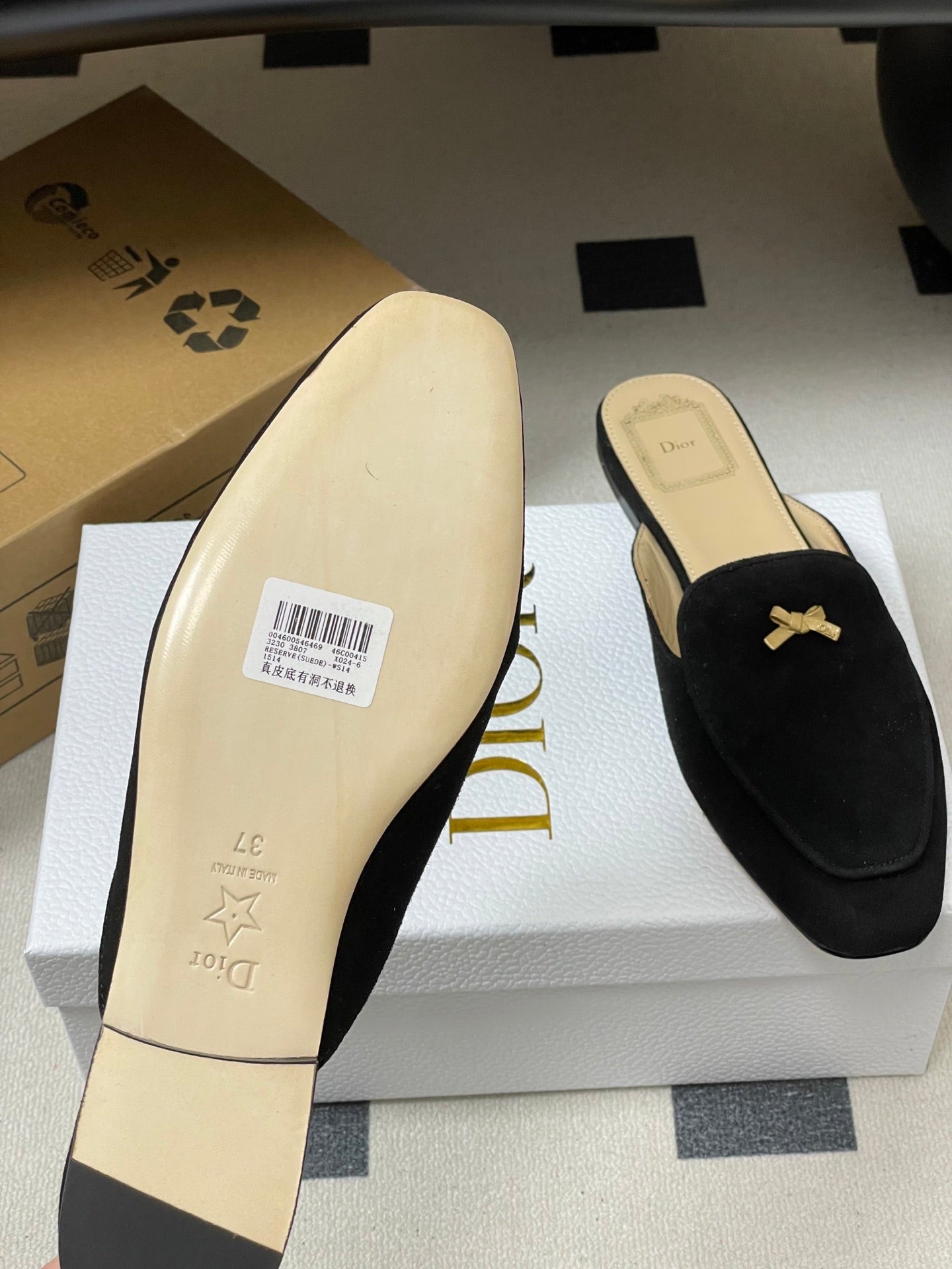 CD 26 Bow Mules Black Beige Suede Cowhide 632595