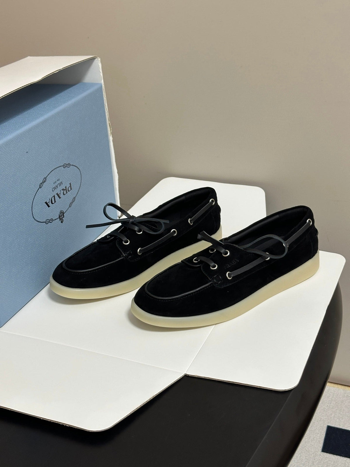 Prada 2026 Lace Up Boat Shoes Suede 151260
