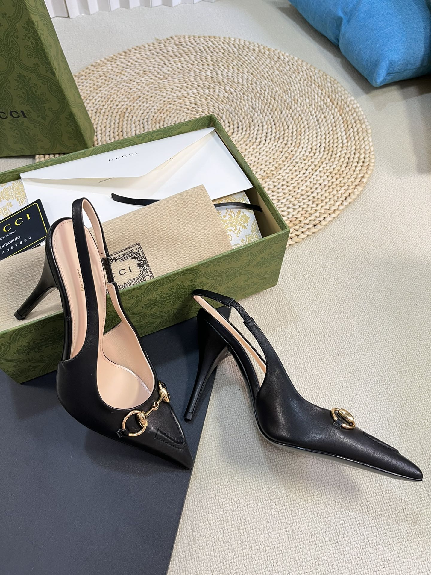 GC Horsebit Slingback Pump 100mm Black Sheepskin 294569