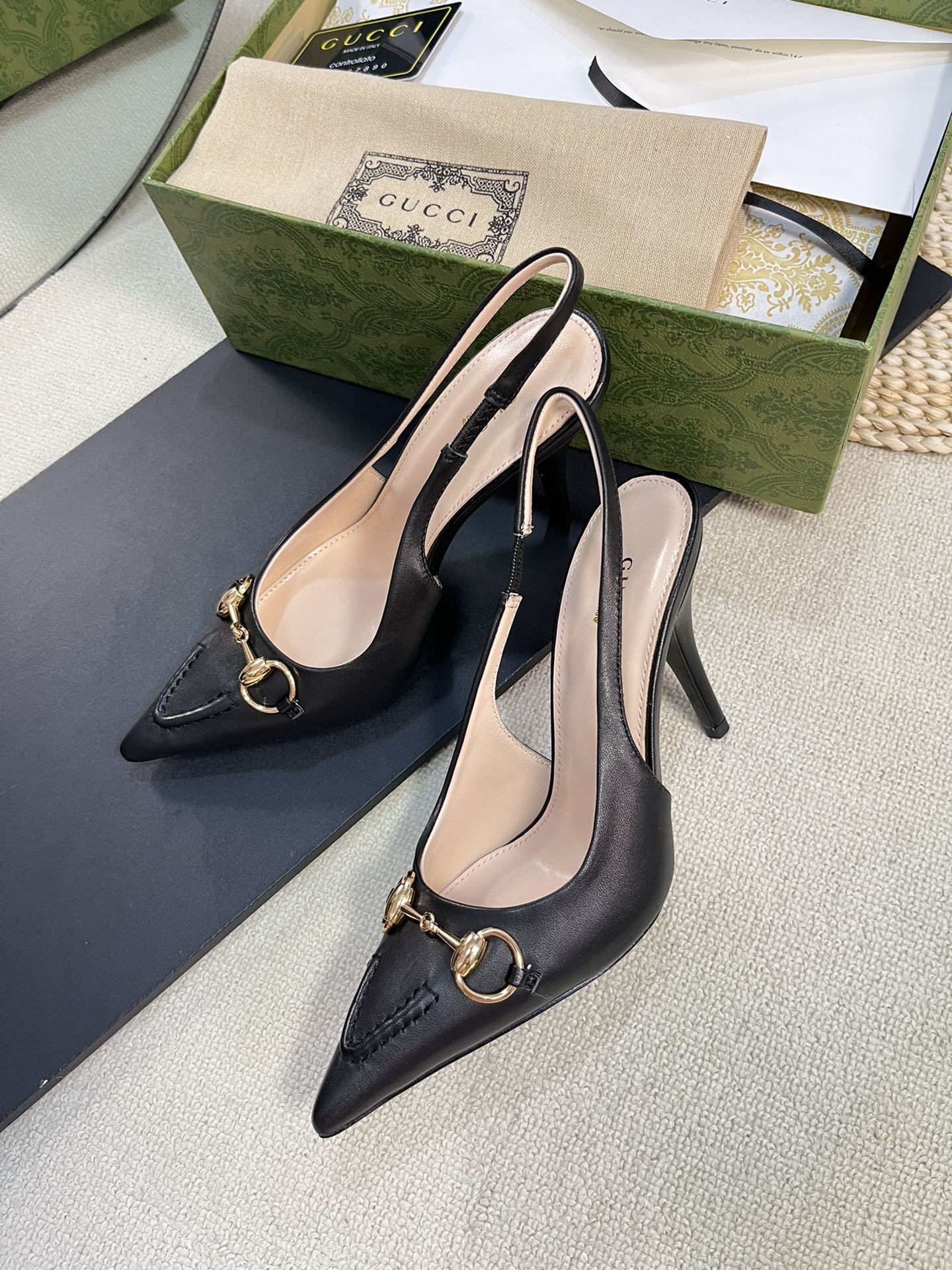 GC Horsebit Slingback Pump 100mm Black Sheepskin 294569