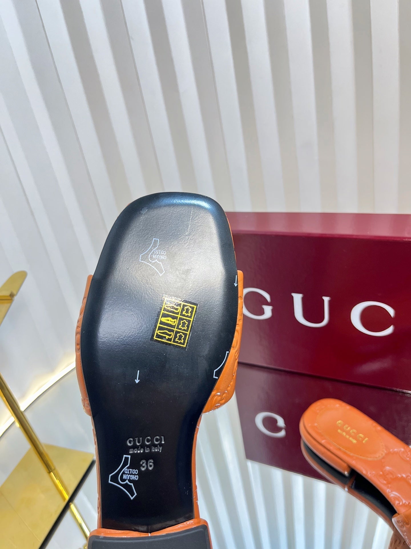 GC Double G Slide Sandals Brown Embossed Leather 294631