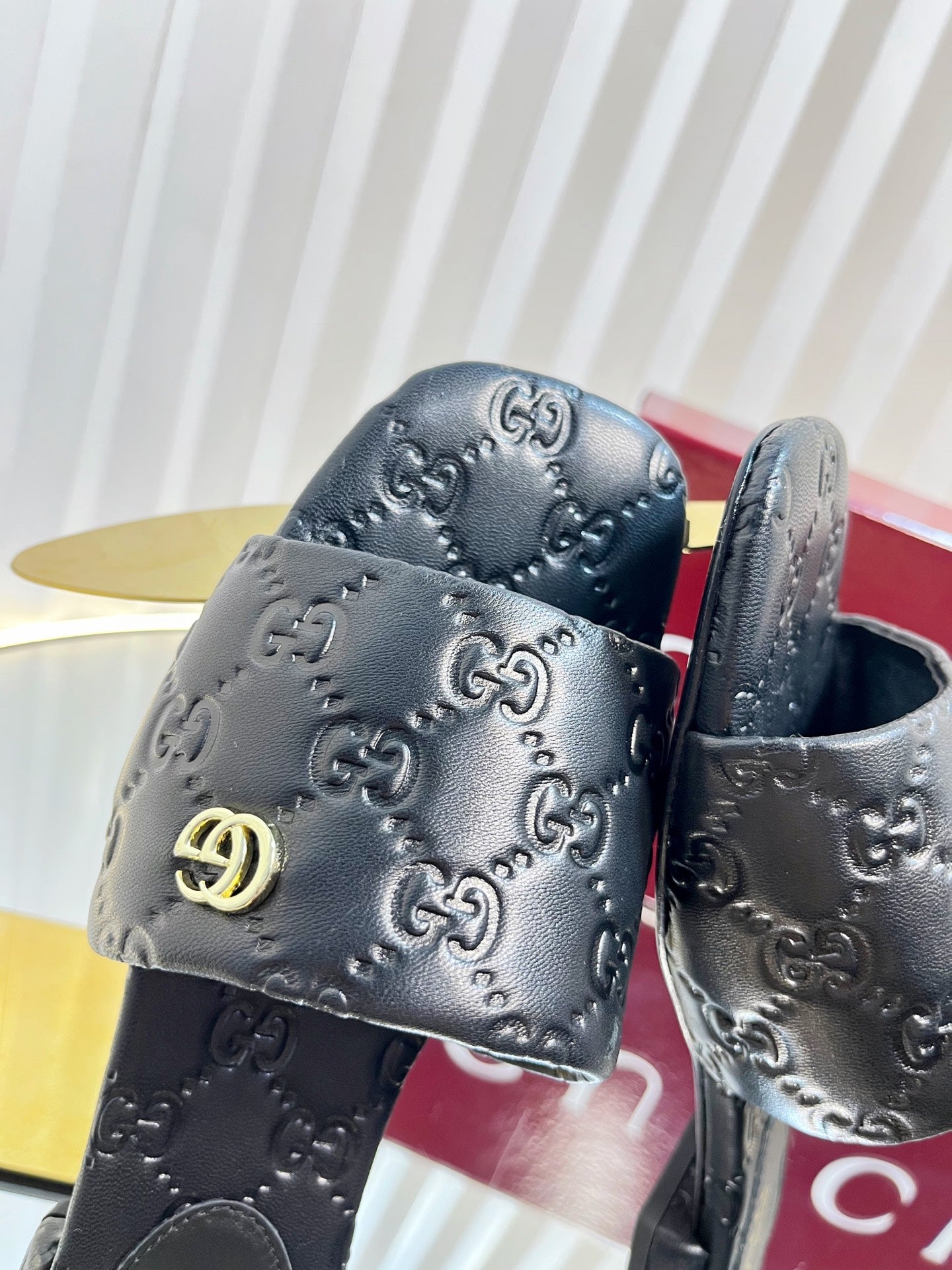 GC Double G Slide Sandals Black Embossed Leather 294636