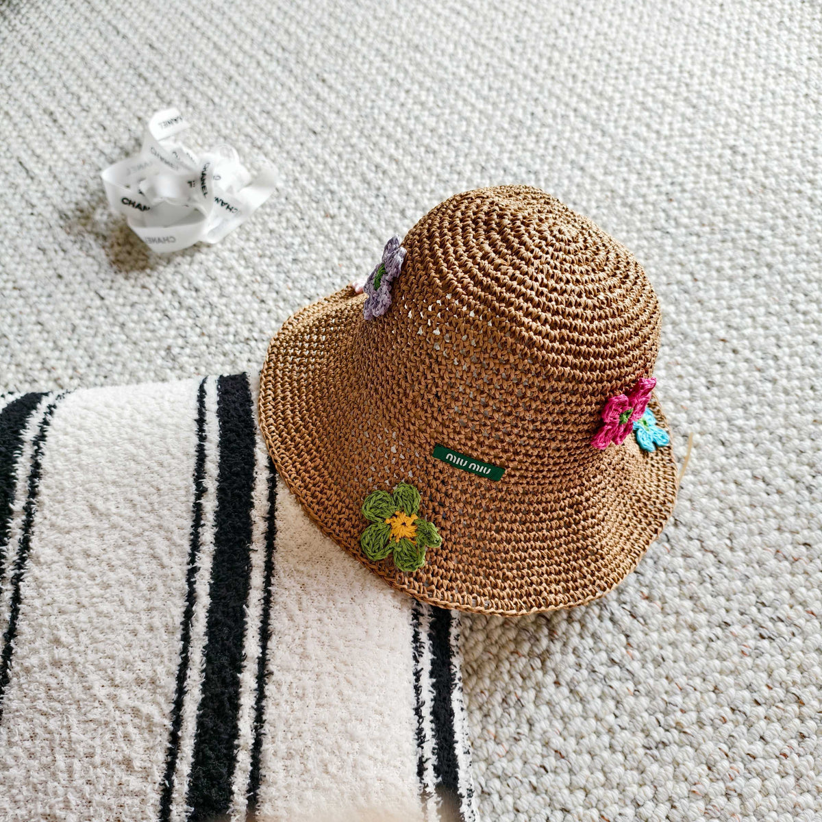 Miumiu Multicolor Flower Straw Bucket Hat 322156