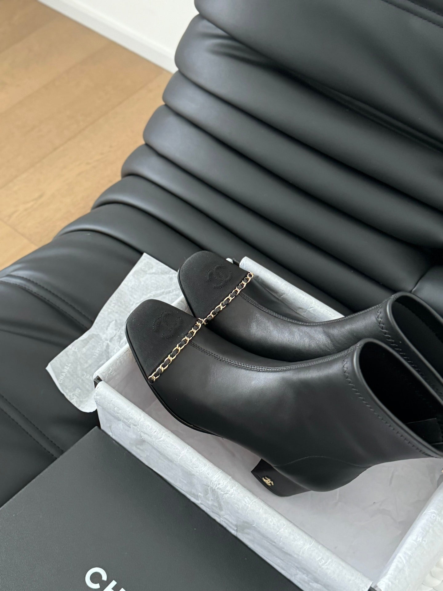 CC Ankle Boot Black Calfskin Grosgrain Leather Strap