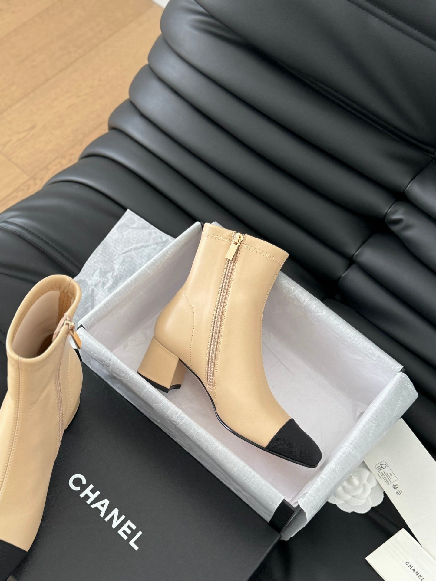 CC Ankle Boot Beige Calfskin Black Grosgrain