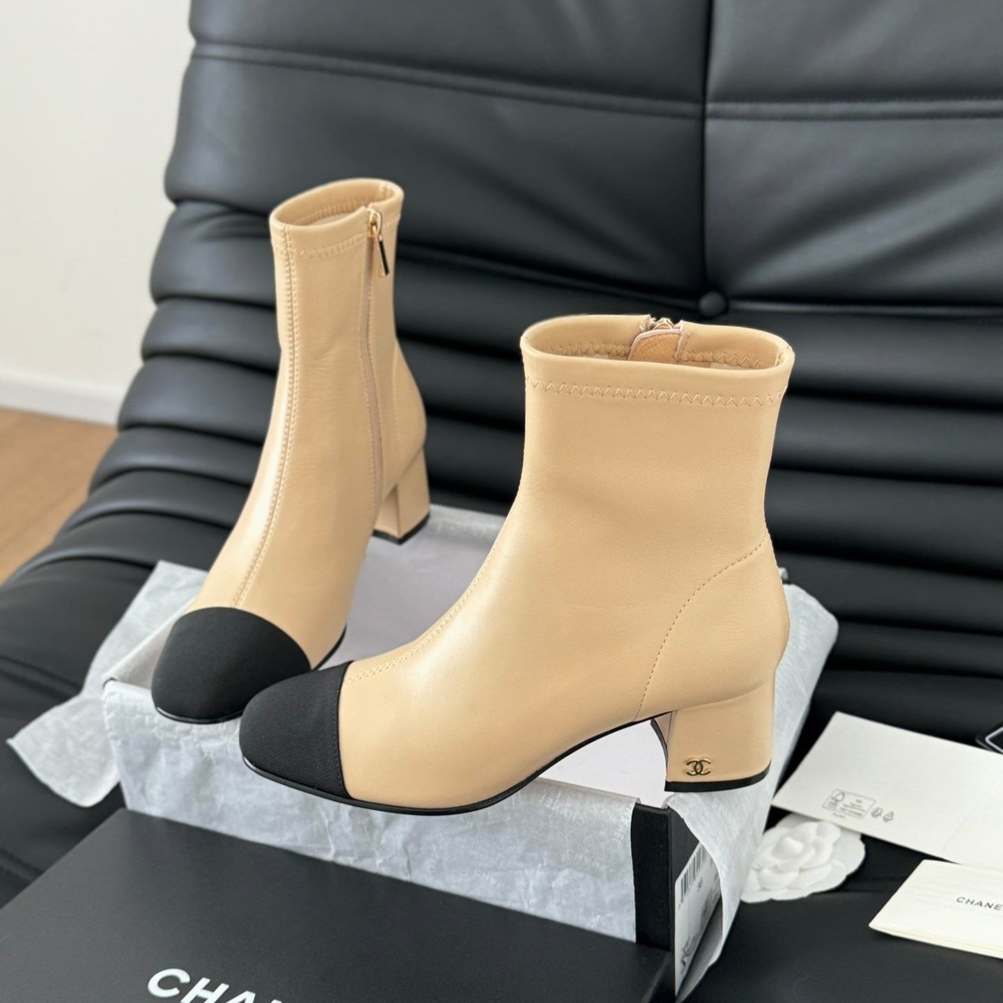CC Ankle Boot Beige Calfskin Black Grosgrain