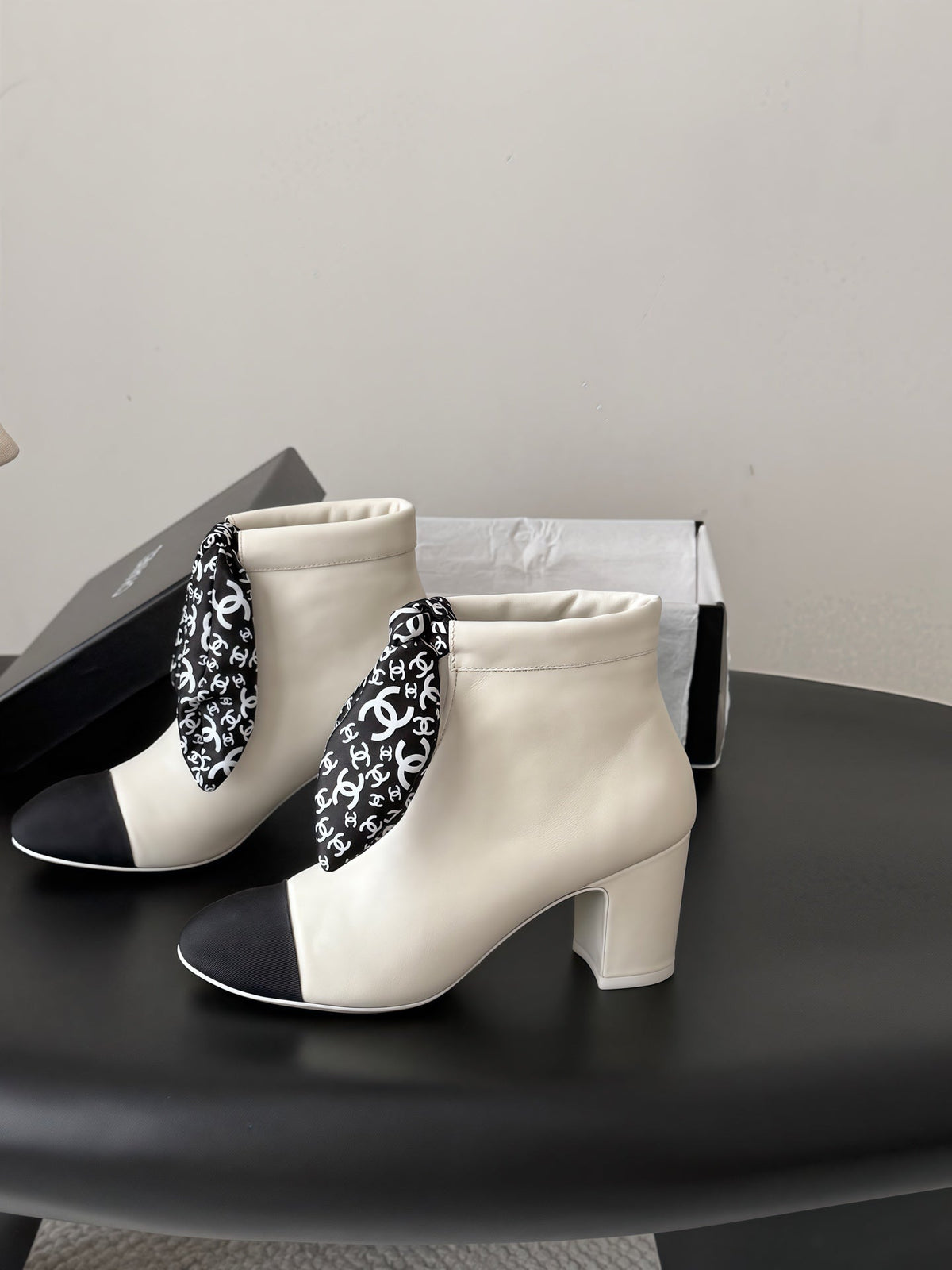 Chanel 2026 Scarf Pattern Ankle Boots 65mm Leather 127893