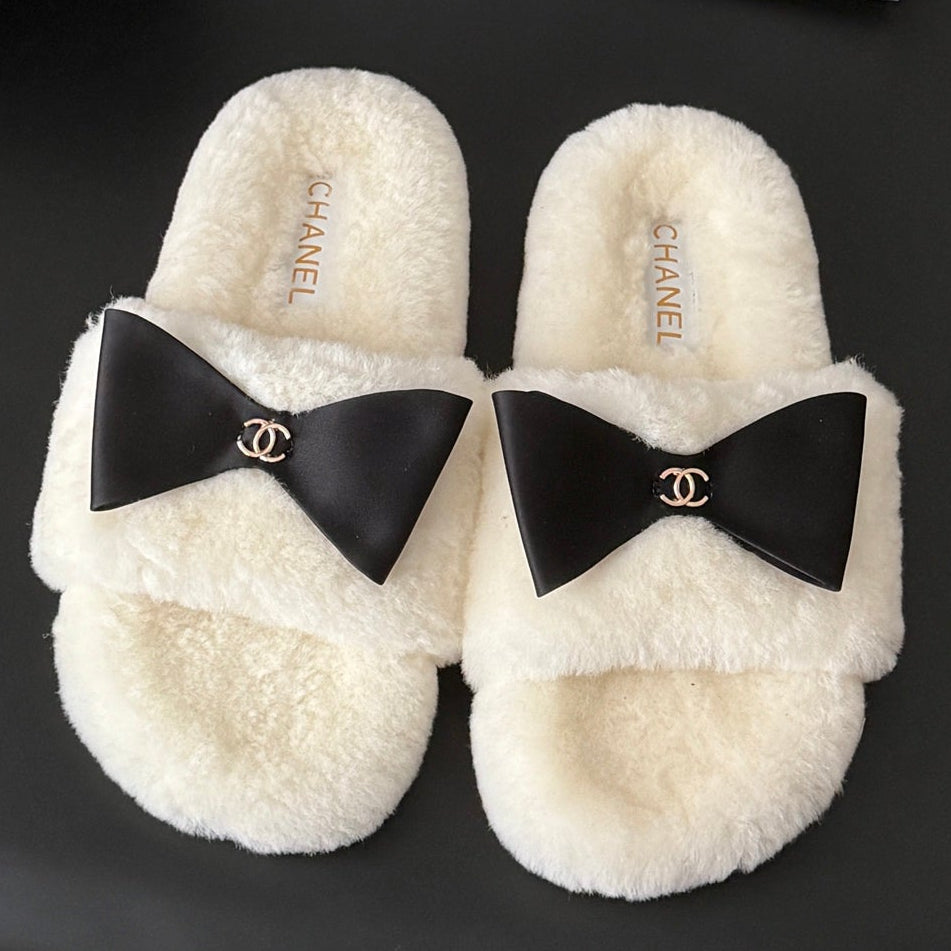 Chanel 2026 Bow Furry Slippers Wool 128278