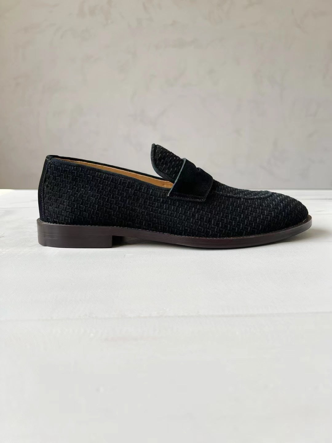 brunello woven black suede penny loafer