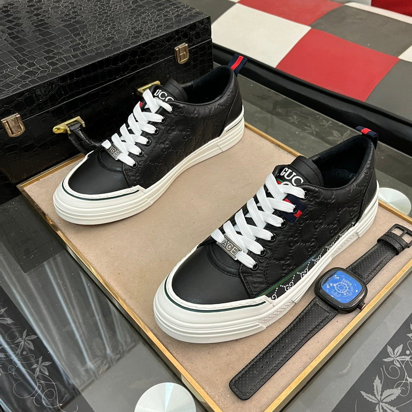 GG Men's ACE Sneaker Black Embossed Cowhide 832403