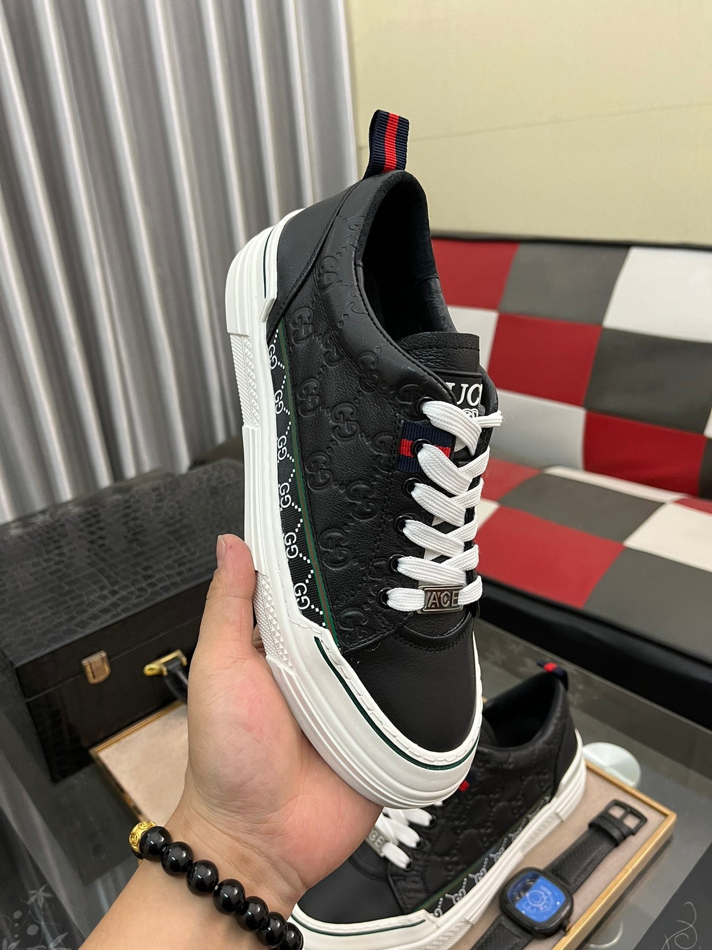 GG Men's ACE Sneaker Black Embossed Cowhide 832403