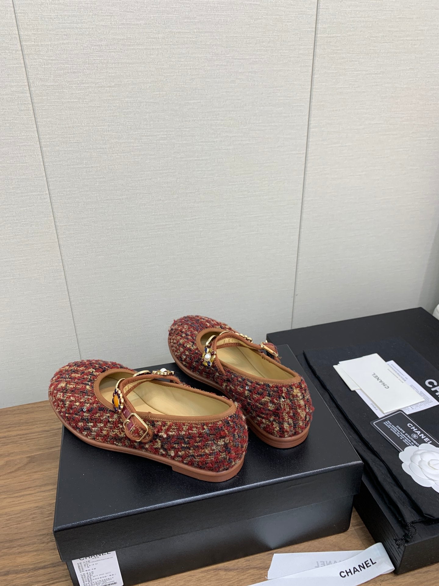 CC MARY JANES BROWN WOOL TWEED AND FABRIC