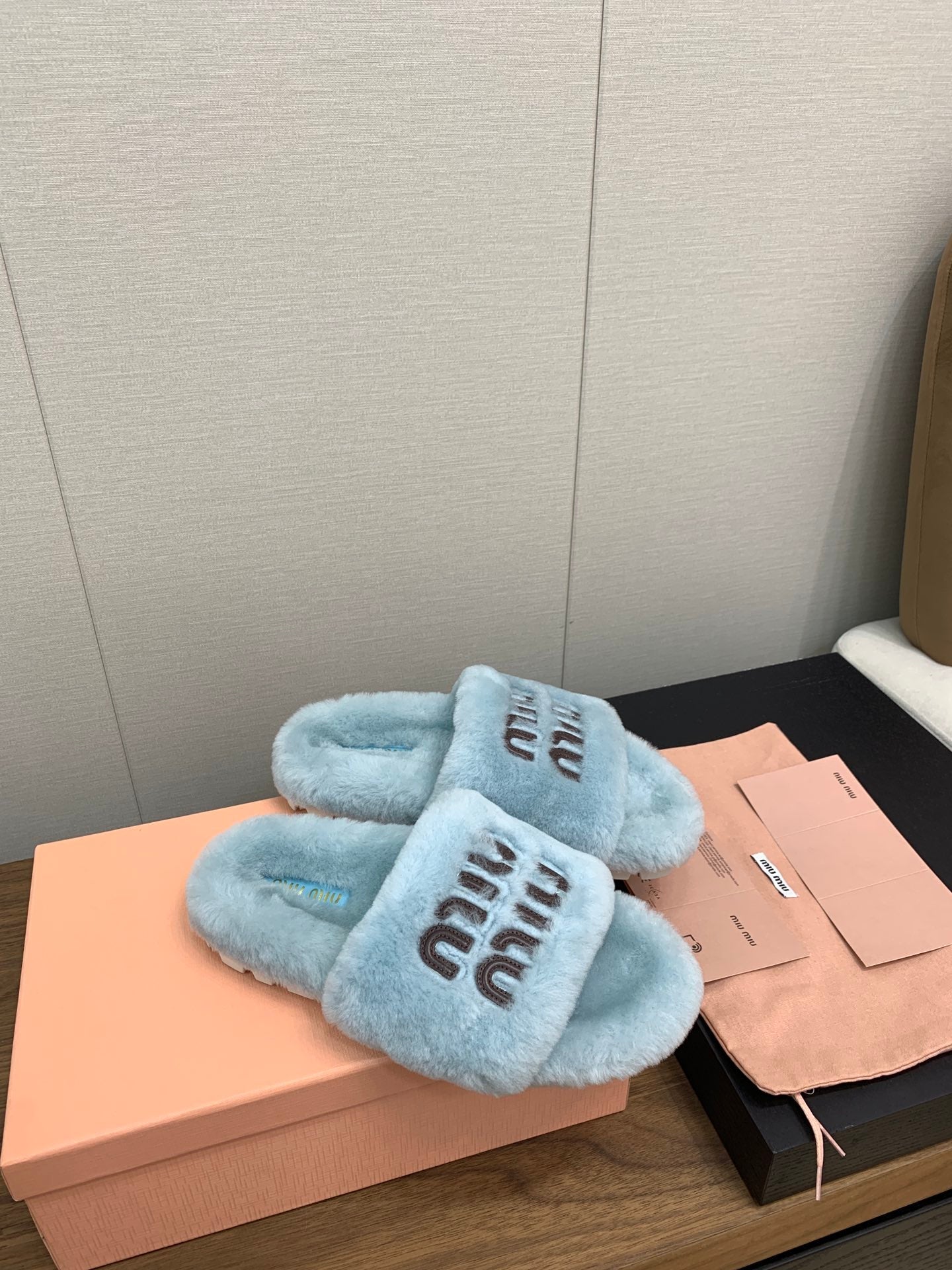 Miu Slippers Light Blue Pure Wool